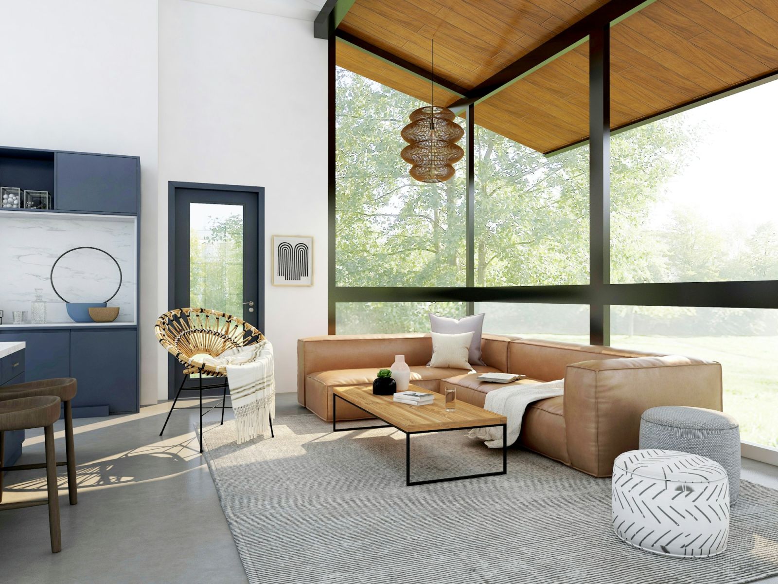 Helles Wohnzimmer mit großen Fenstern